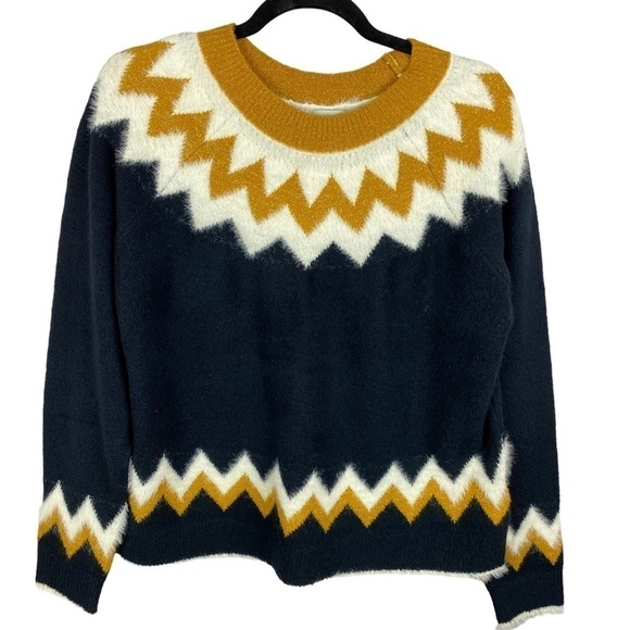 Silverflint Fairisle Soft Cozy Crew Neck Knit Sweater Medium Navy Mustard Yellow - Picture 2 of 12